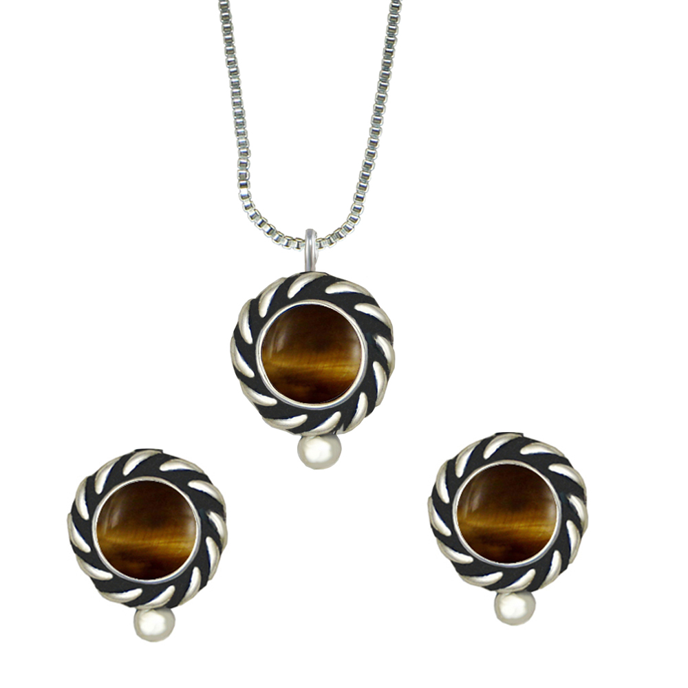 Sterling Silver Petite Necklace Earrings Set Tiger Eye